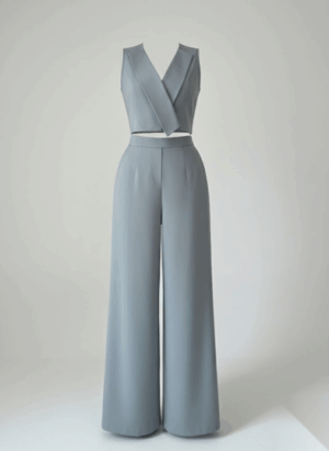 Alternative view of Set Chaleco Sin Mangas Cruzado Pantalon Holgado Gris